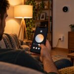 Dłoń ze smartfonem reguluje jasność inteligentnej żarówki w lampie w salonie, w tle widać gniazdko smart i termostat.
